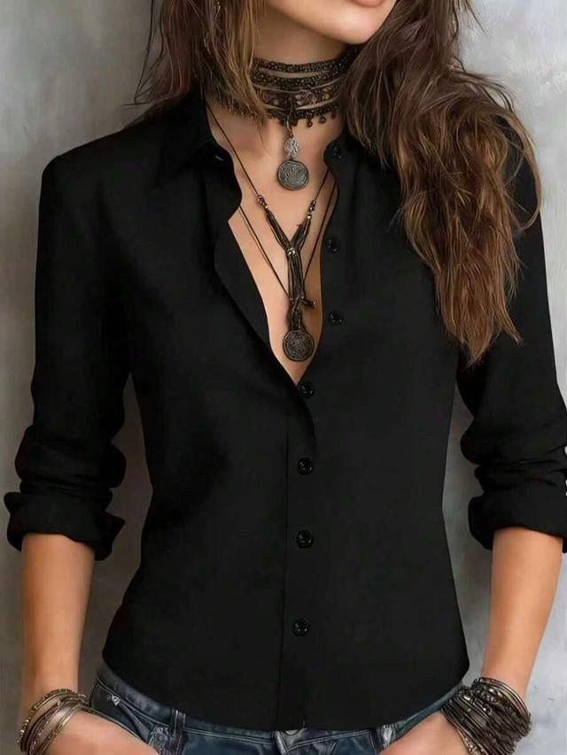 women's solid black long sleeve collared shirt
