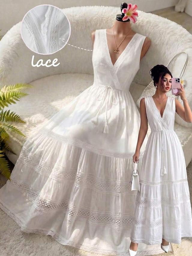 elegant white sleeveless v-neck lace waist cinched long dress