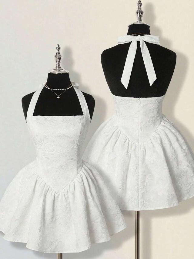 white jacquard backless halter mini dress