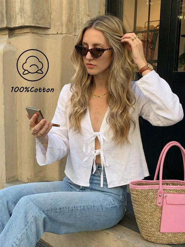 solid white cotton tie front drop shoulder blouse