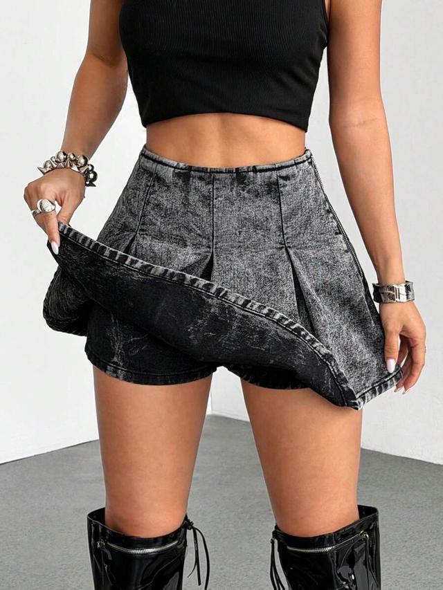 acid wash denim pleated mini skort