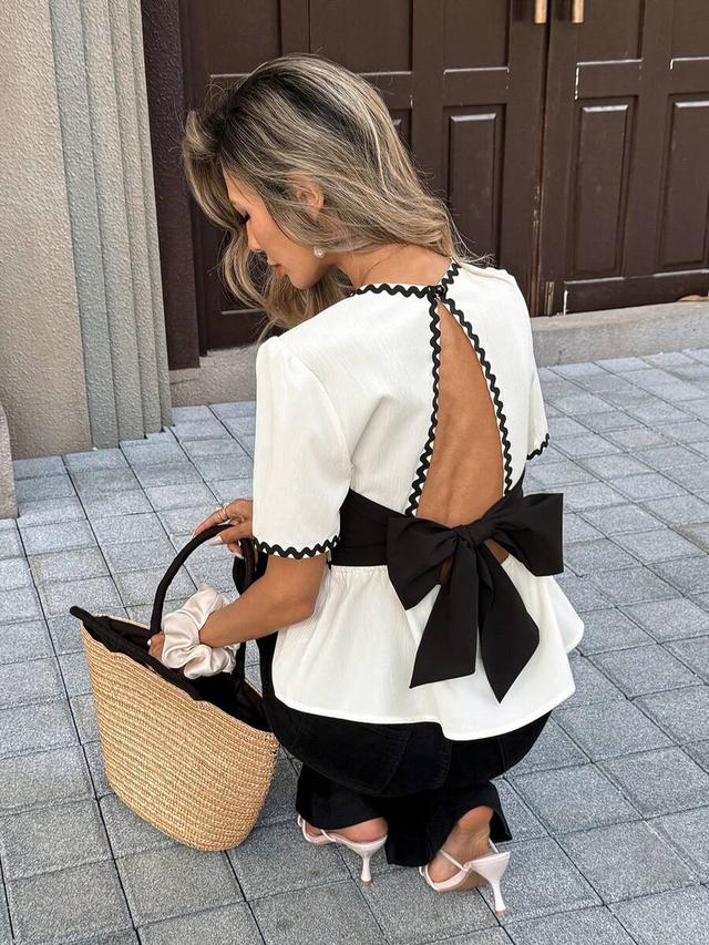 ivory pleated open-back bow backless shirt