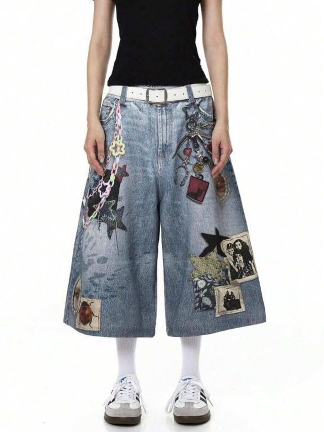 men's vintage wide leg cropped capri jeans with patches