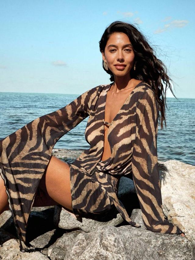 zebra print sheer mesh deep v mini dress