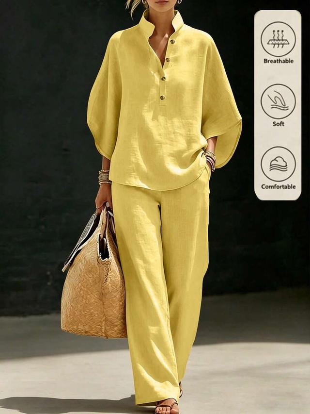 yellow linen blend short sleeve button up top