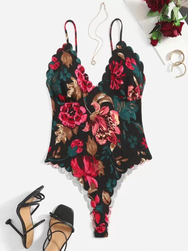 floral print scallop trim cami bodysuit