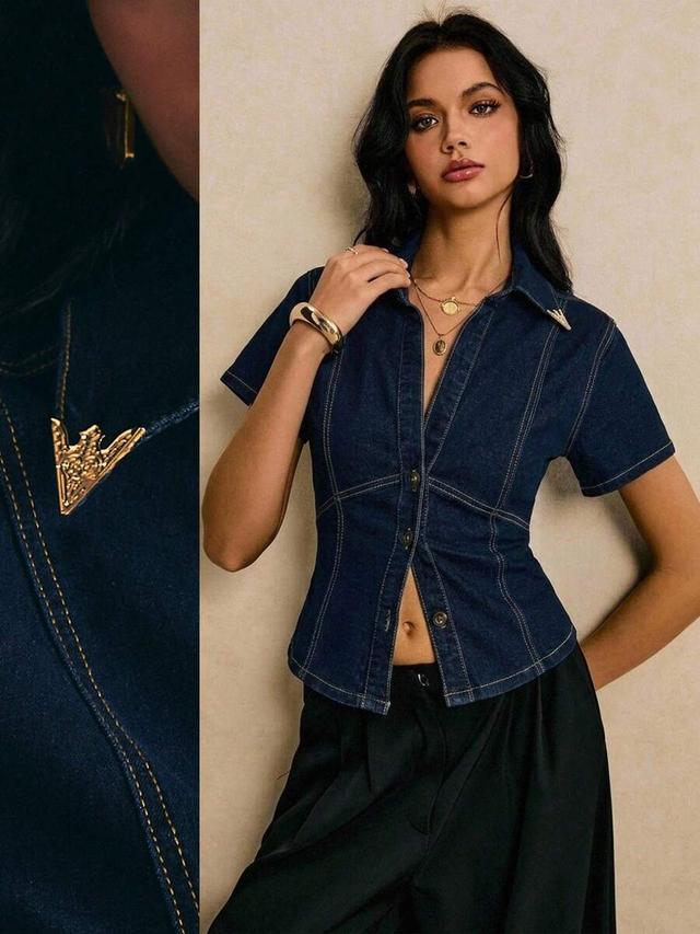 poéselle women's denim single-breasted shirt collar short sleeve top
