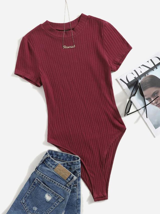 burgundy rib-knit mock-neck short sleeve bodysuit