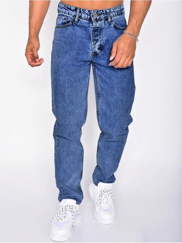men's casual washed blue slant pocket tapered jeans