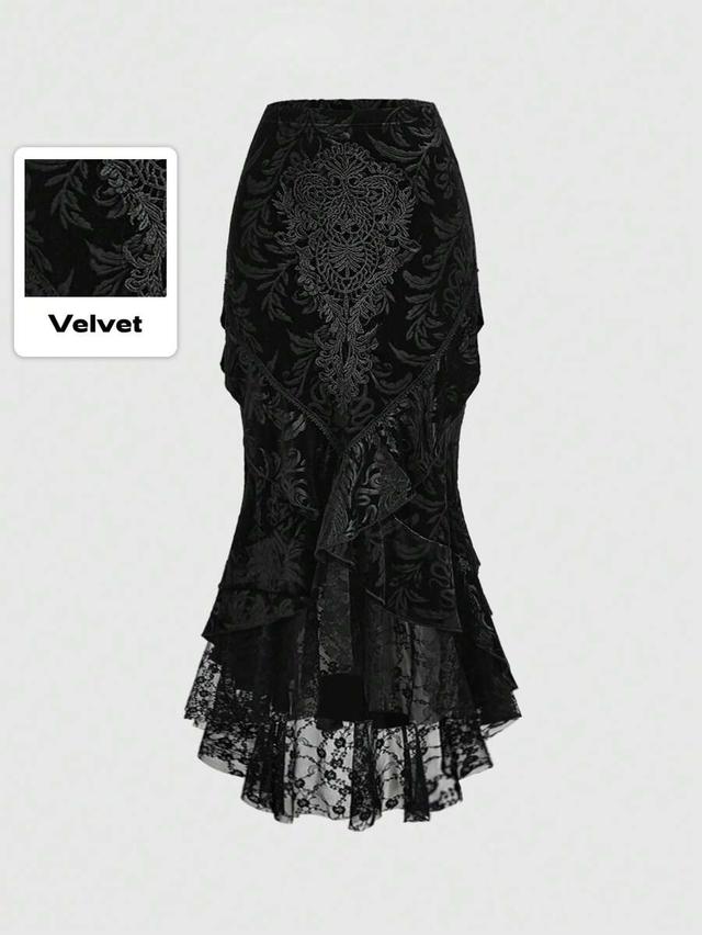 goth elegant skull embossed velvet mermaid skirt with lace