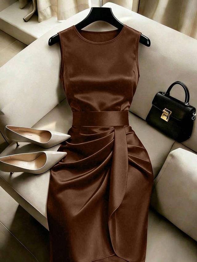 chocolate brown satin sleeveless draped midi dress