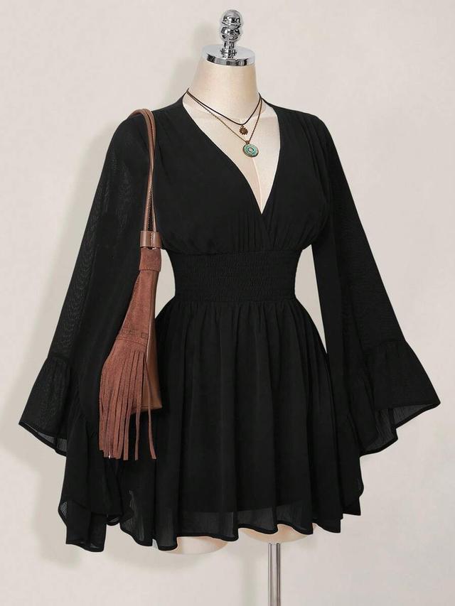 black chiffon v-neck dress with smocked waist