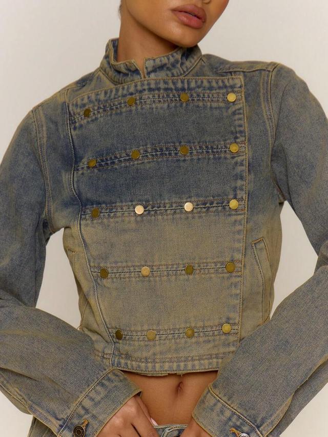 cropped denim military jacket with brass buttons