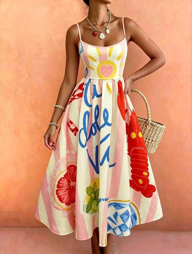 printed cotton midi dress with spaghetti straps