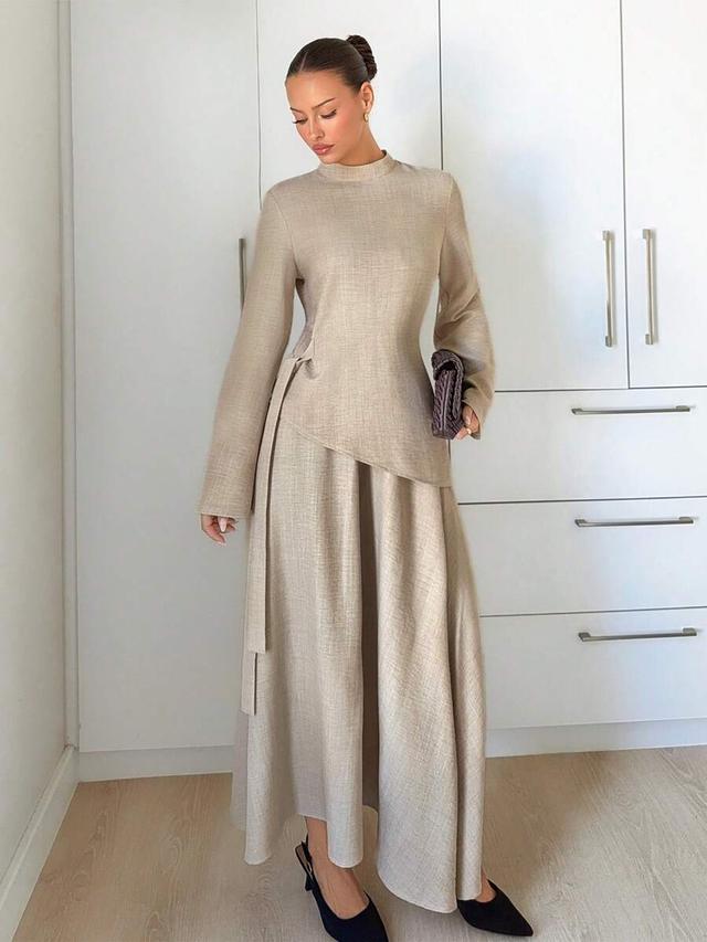 beige linen blend long sleeve turtleneck dress