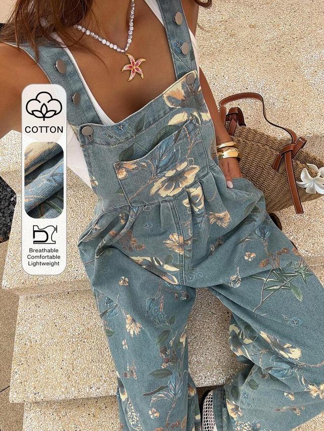 floral printed denim dungarees with front pocket