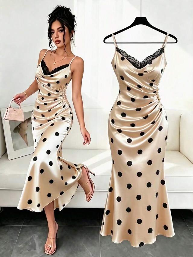 polka dot satin mermaid dress with lace trim
