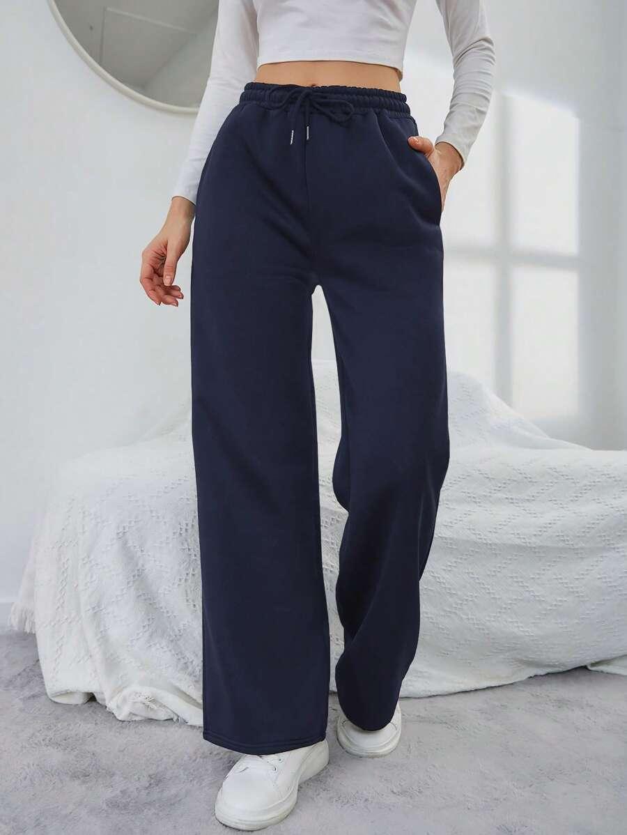 navy blue drawstring waist wide leg sweatpants