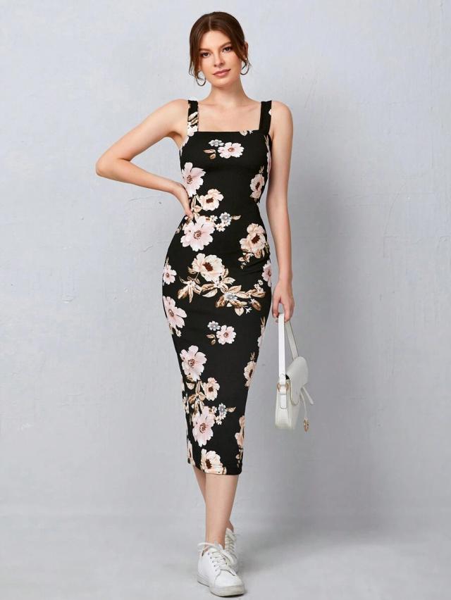 shein essnce split hem floral bodycon dress