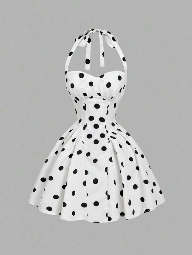 white and black polka dot halter swing dress