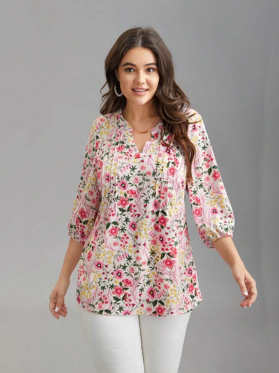 floral print chiffon blouse with pintuck details