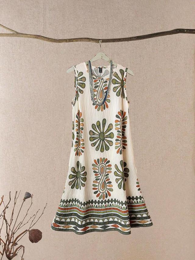 sleeveless beige bohemian print mid-length sundress