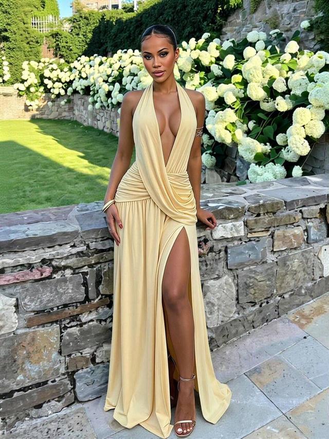 pale yellow draped halter neck maxi dress