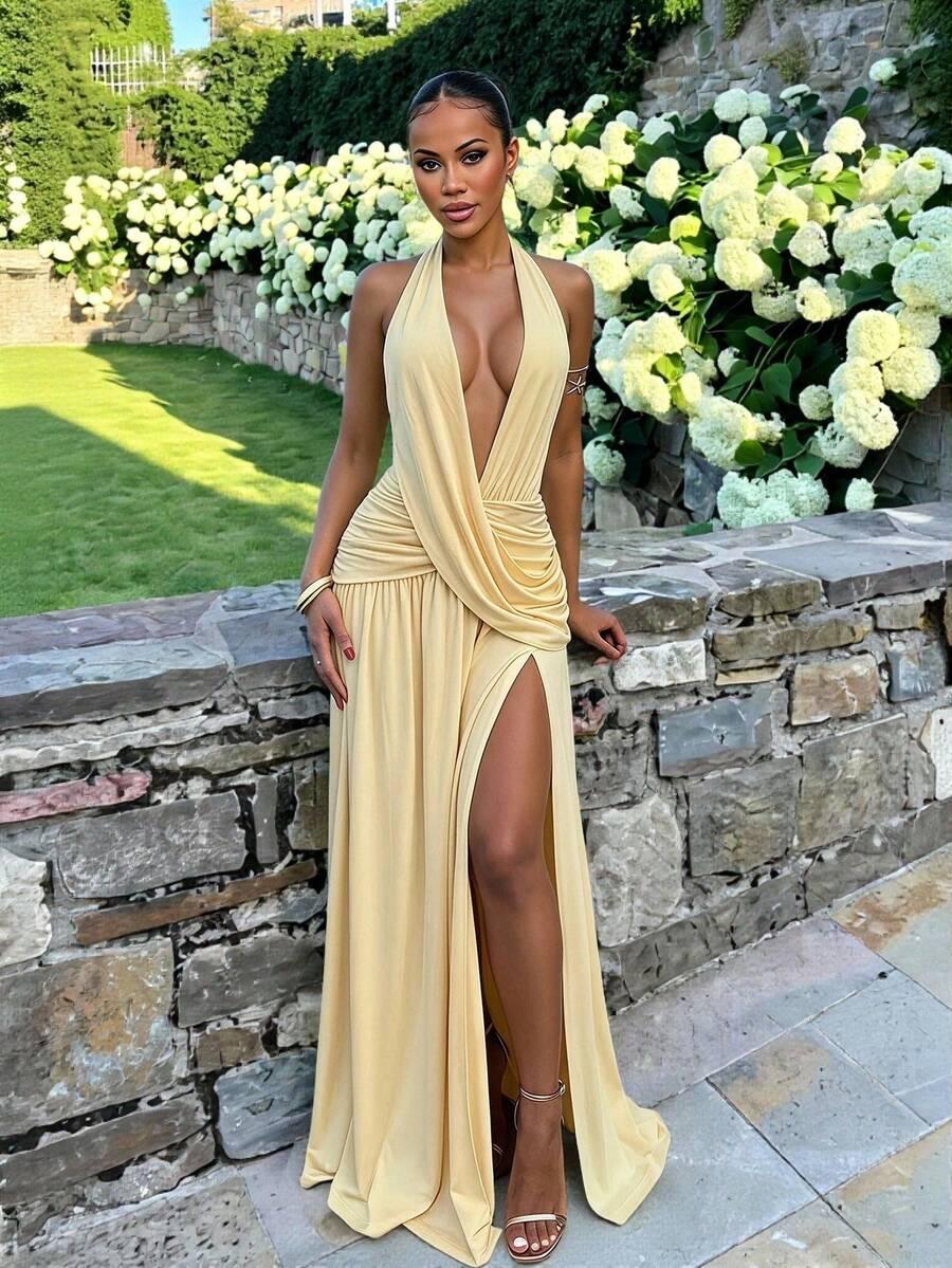 pale yellow draped halter neck maxi dress