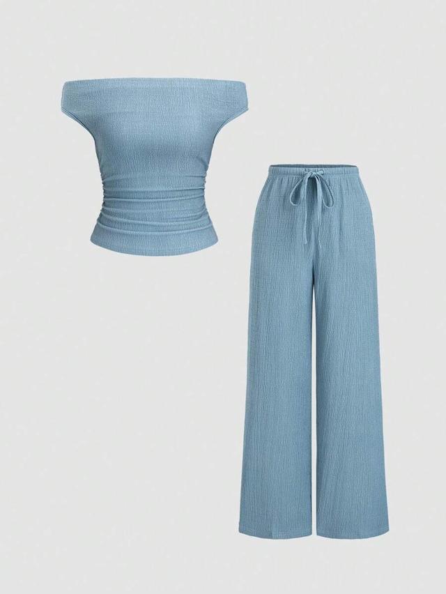 blue textured off the shoulder top and pants set