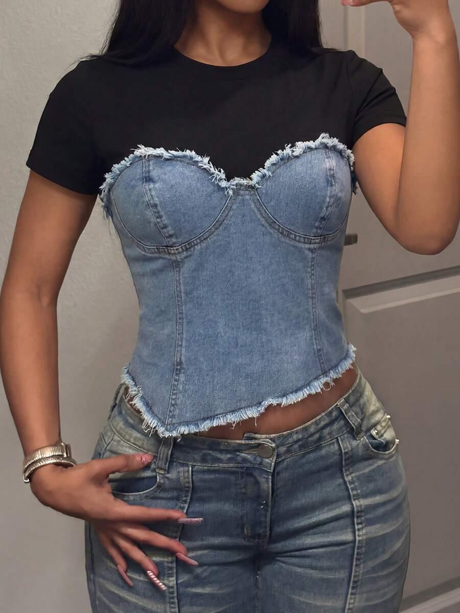 black cotton t-shirt with denim corset overlay