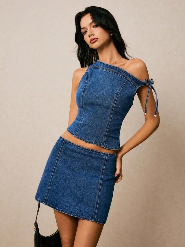 blue denim off-shoulder tie top and skirt set