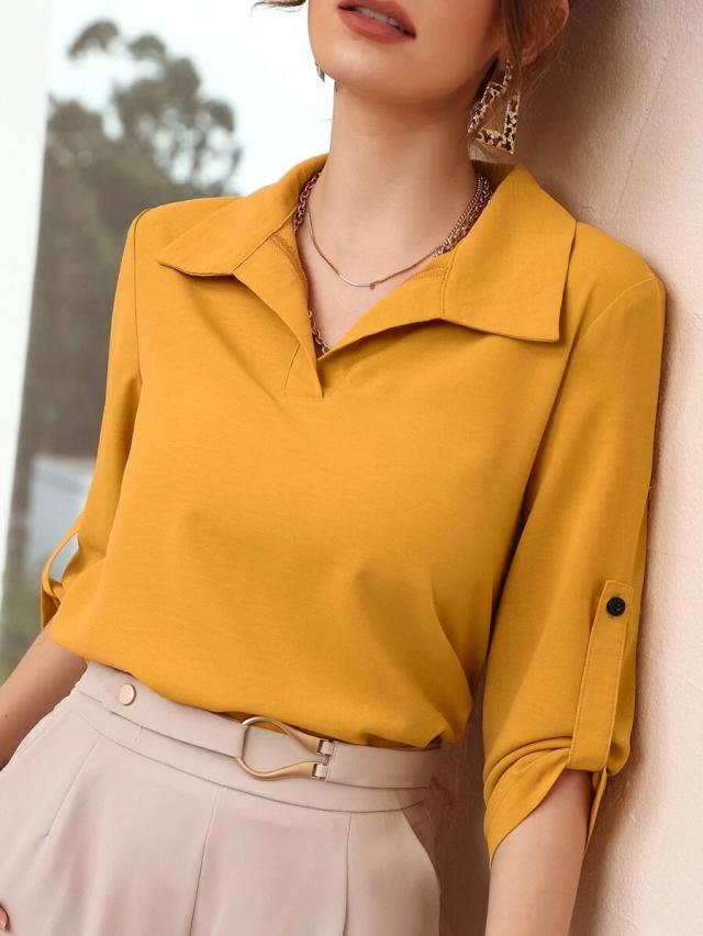 mulvari roll-up sleeve solid mustard blouse