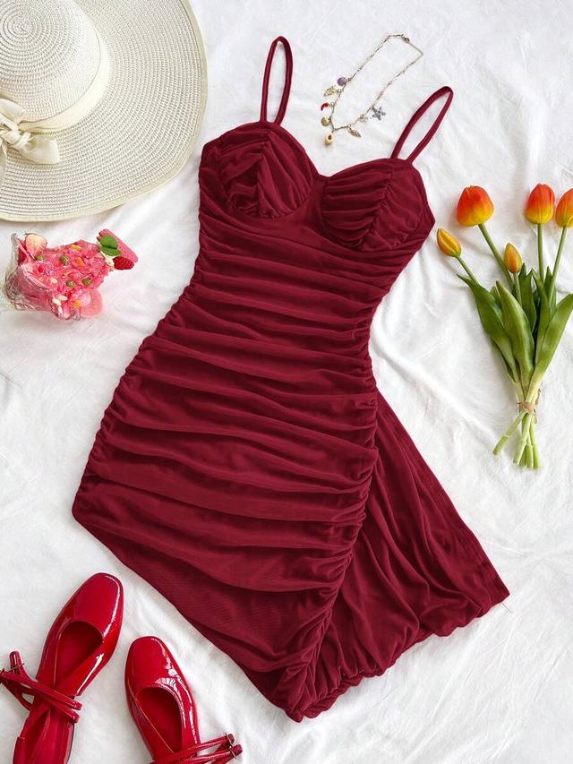 burgundy ruched mesh cami mini dress