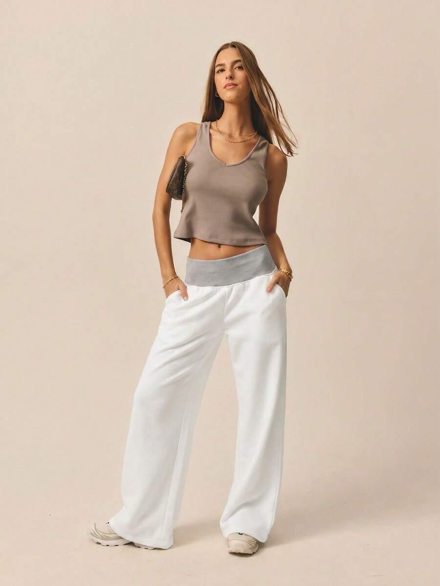 grey aralina contrast ribbed wide waistband and wide leg track pants
