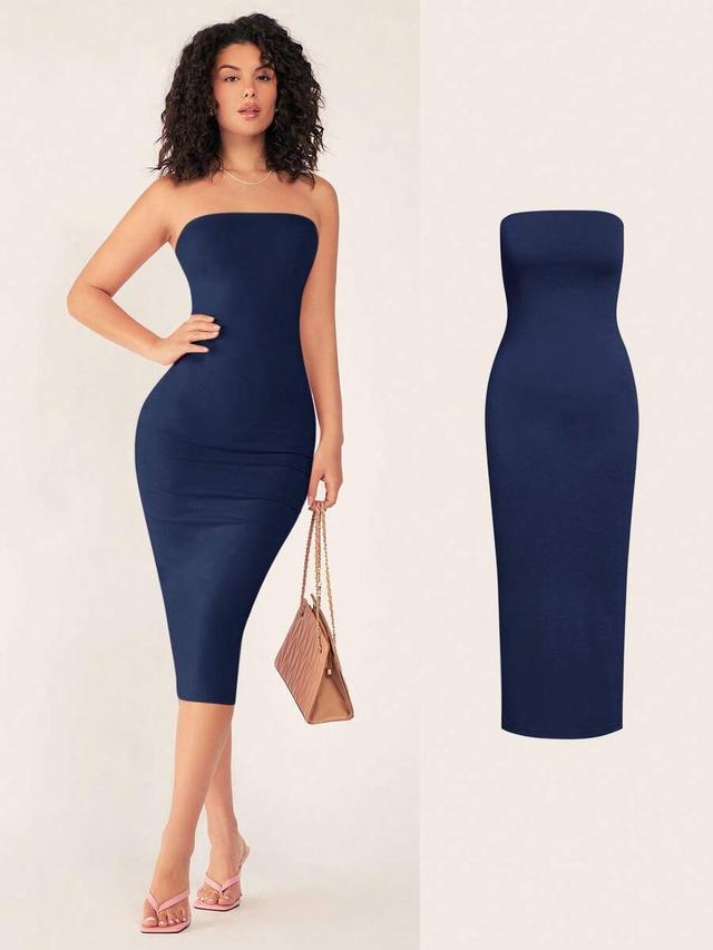 navy blue strapless bodycon midi dress