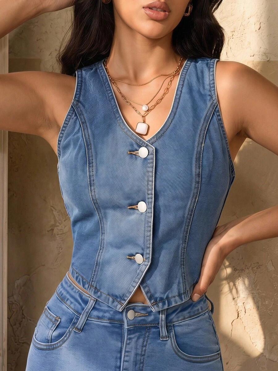 selenza women's summer casual front button denim vest