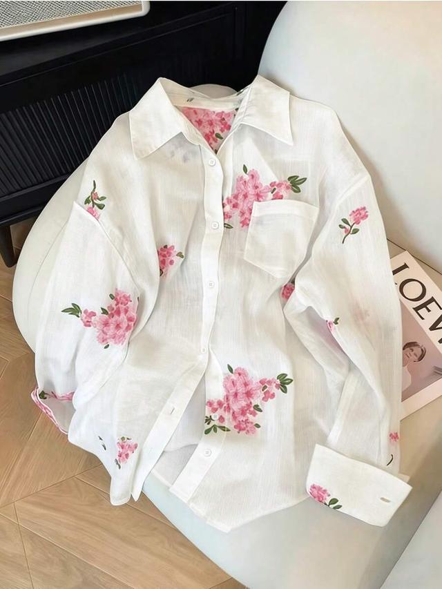 white floral embroidered relaxed fit button-up shirt