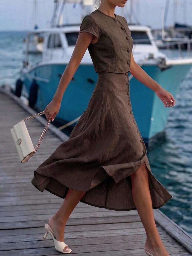 dark brown linen blend button-down crop top and skirt set