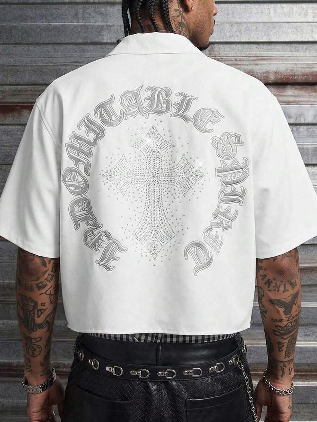 axepeak men's white rhinestone cross short sleeve shirt