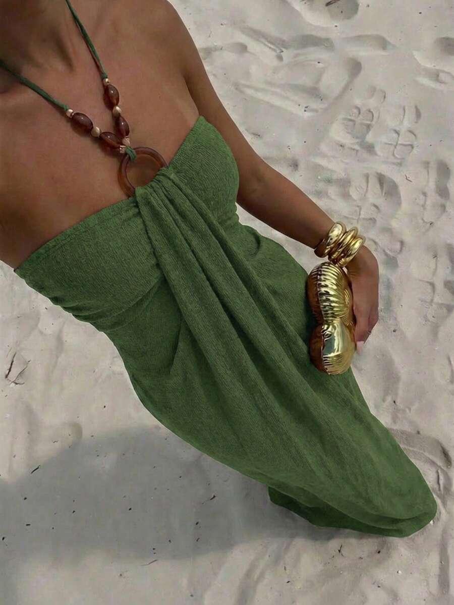 olive green textured halter neck midi dress