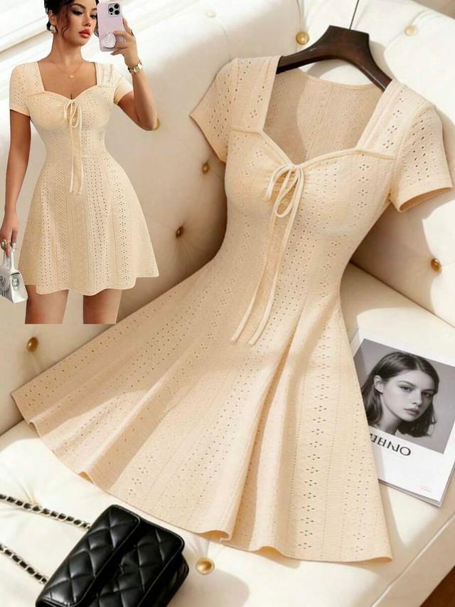 apricot knitted jacquard tie-front mini dress