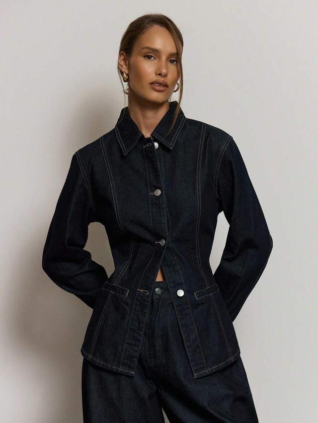 fitted navy blue denim jacket with contrast stitching