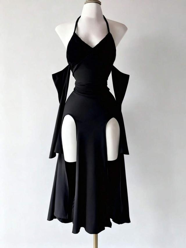 black velvet halter dress with dramatic cutouts