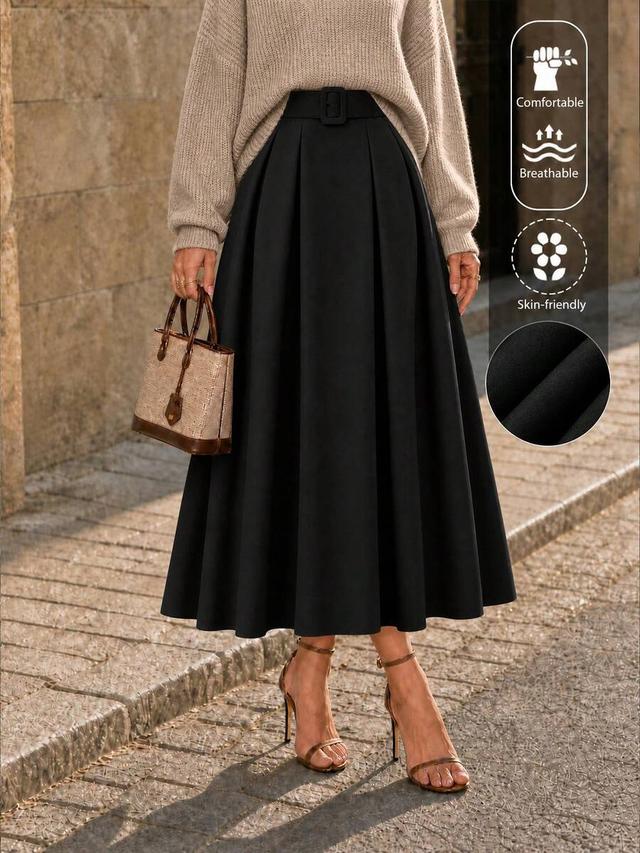 high waist black a-line midi skirt with belt
