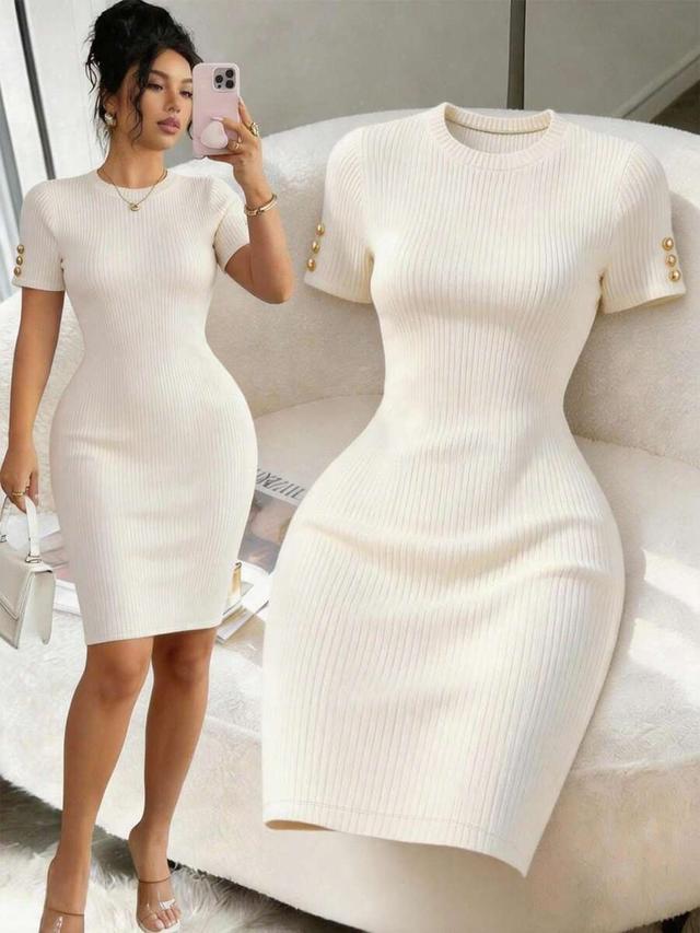 cream ribbed knit short sleeve bodycon dress