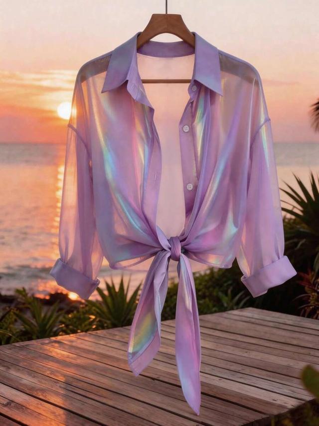 purple iridescent sheer chiffon tie-front baggy blouse