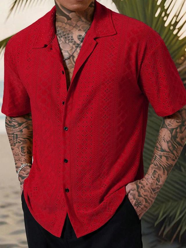 red geometric crochet textured jacquard short-sleeve shirt