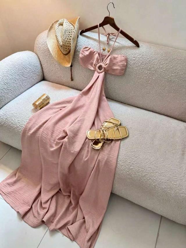 dusty pink textured halter neck maxi dress