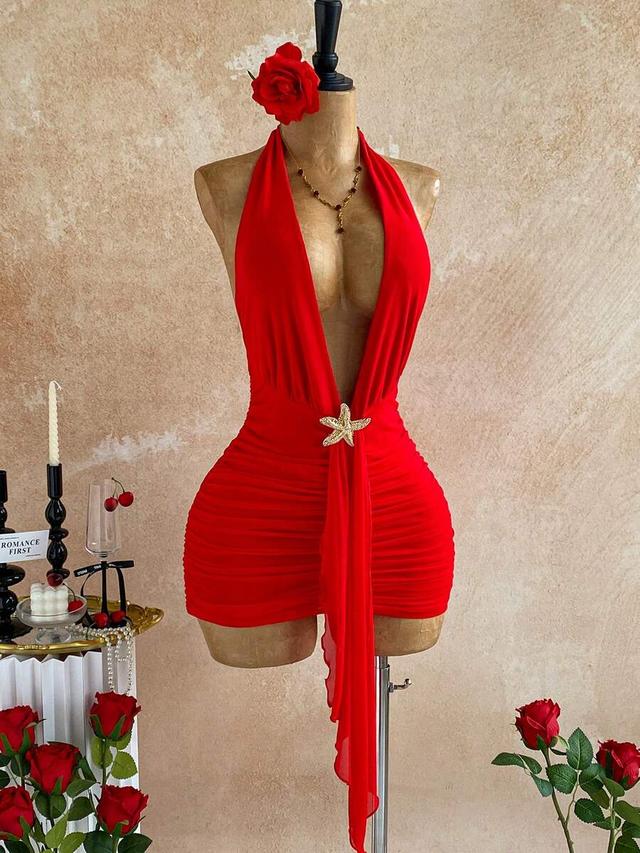 red ruffle trim backless tie neck bodycon mini dress