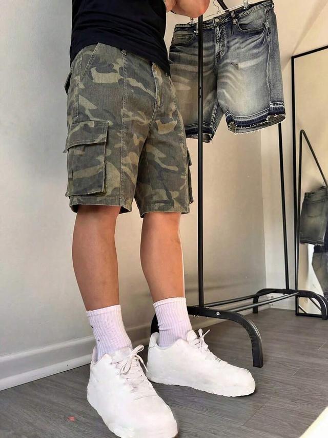 denim camouflage cargo denim shorts with multi-pocket utility design